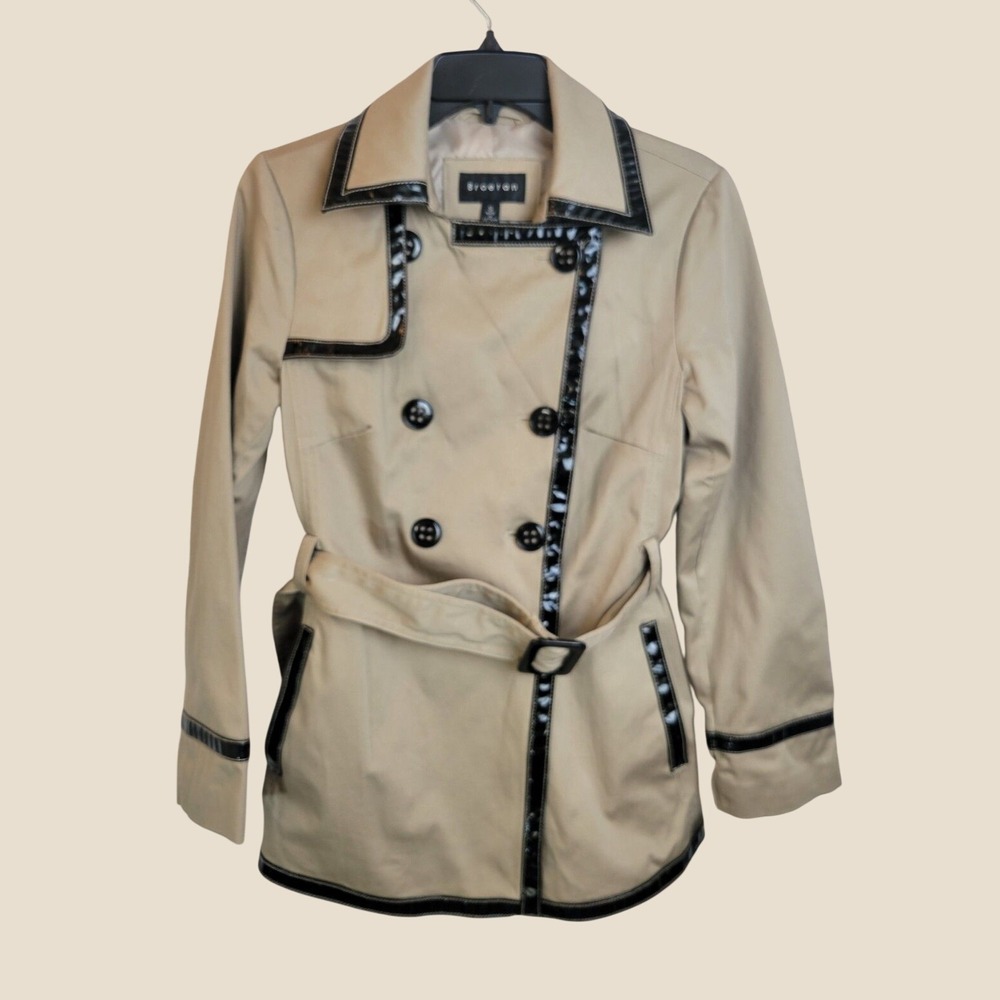 VTG NOS New Braetan Coat Classic Double Breasted Belted Khaki Black Size Small